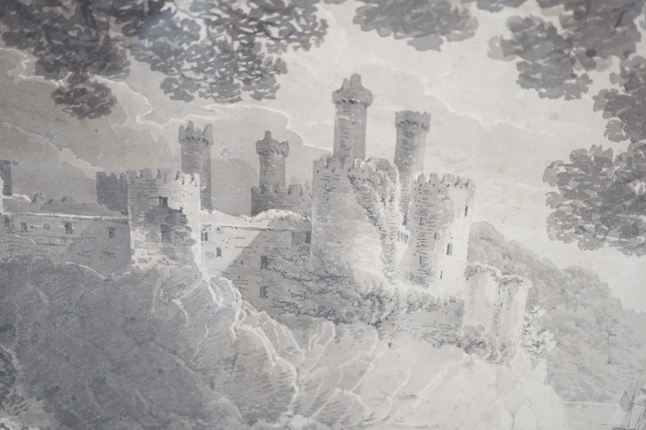 Early 19th century English School, monochrome watercolour, Coastal castle viewed from woods, 27 x 33cm